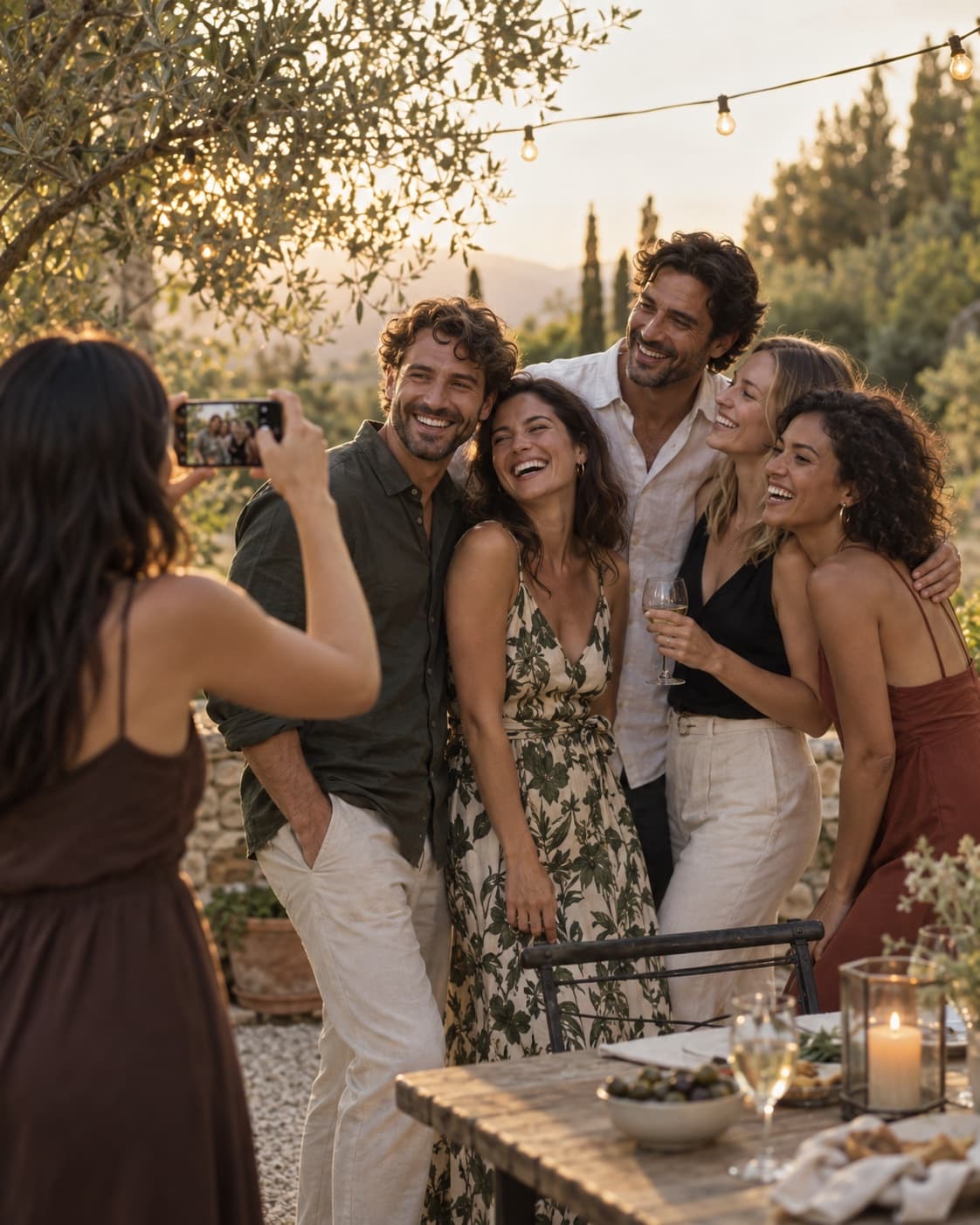 Un grupo de amigos posa para una foto durante una celebración al aire libre